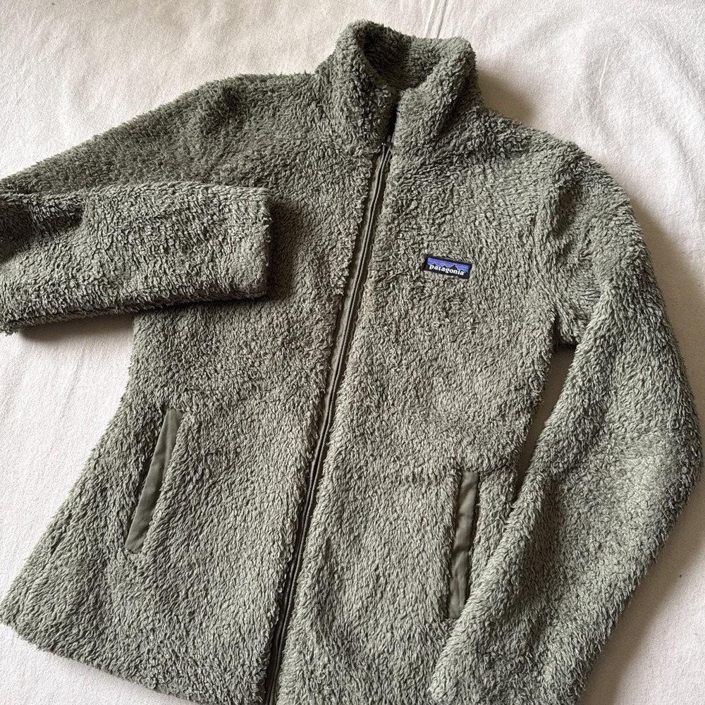 Patagonia Los Gatos Jacket Womens Sz M Sherpa Khaki Deep Pile Full Zip Fleece